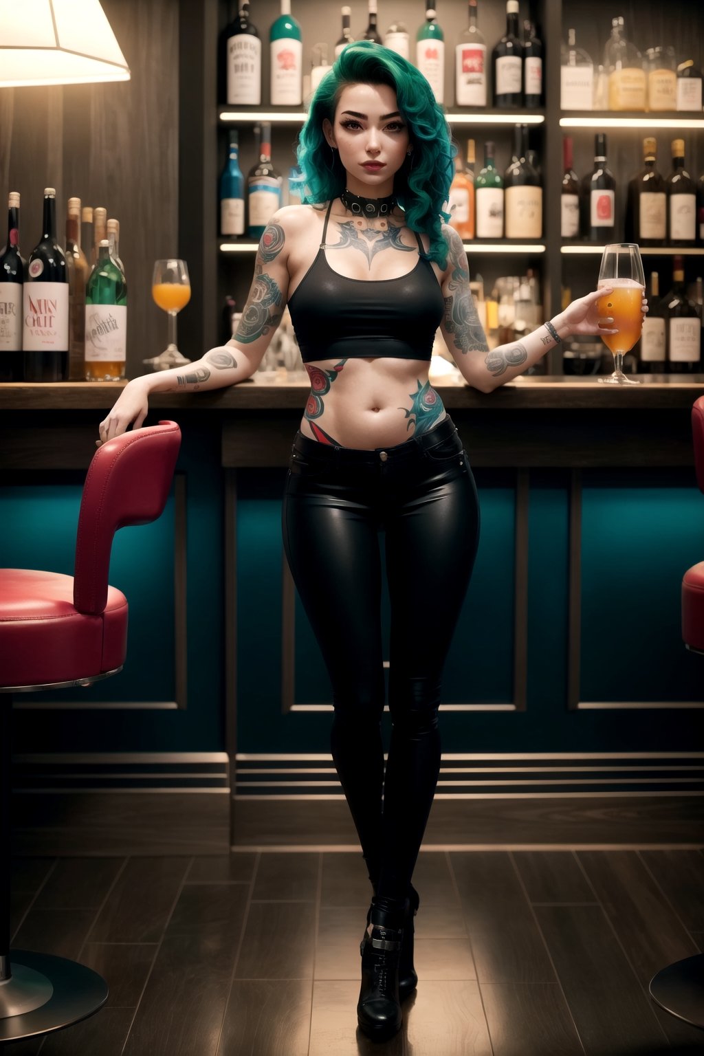 Cyberpunk Style, full body, 1girl, skinny body, in a bar, Long Dark Green Hair, Red Eyes, tight Pants, Belly Free top, Body Tattoos