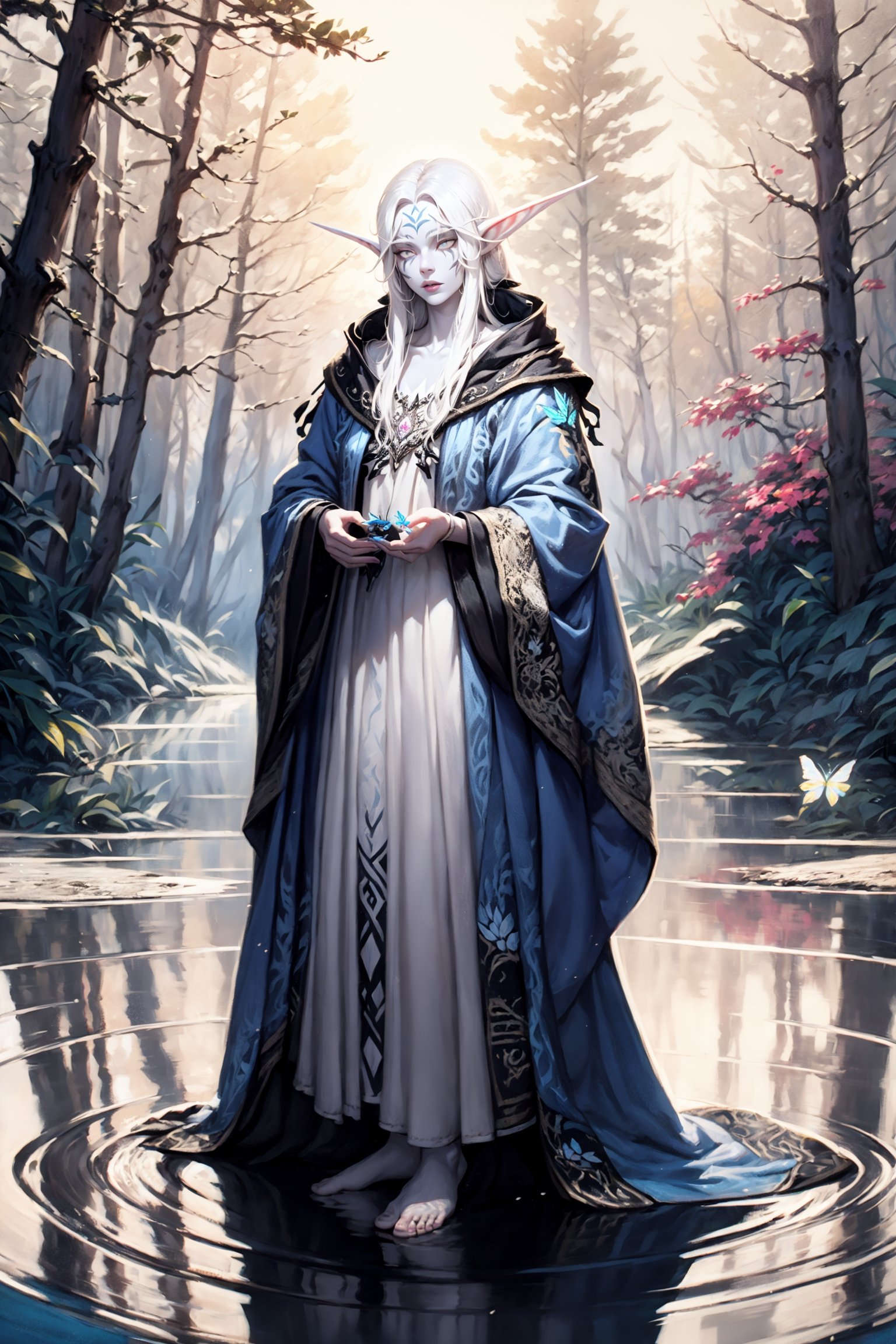 nightelf, full body, (((extreme white albino skin color))), ((extrem long white hair color)), (grey Eyes), (Beautiful blue robe) Facial Tattoo, she stands in front of a lake surrounded by a forest, on her left hand sits a butterfly