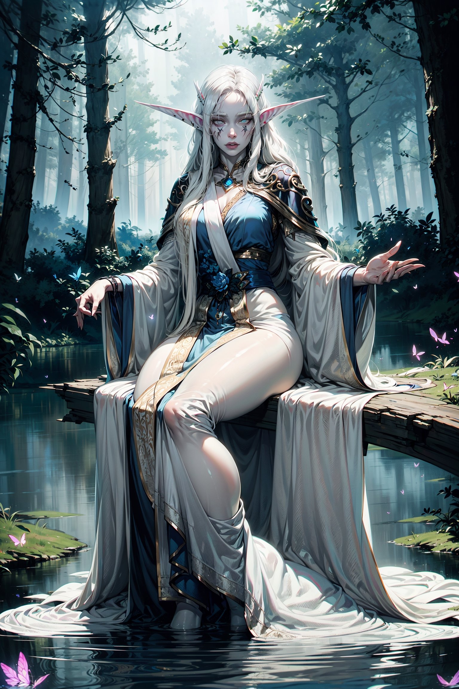 nightelf, full body, (((extreme white albino skin color))), ((extrem long white hair color)), (grey Eyes), (Beautiful blue robe) Facial Tattoo, she stands in front of a lake surrounded by a forest, on her left hand sits a butterfly