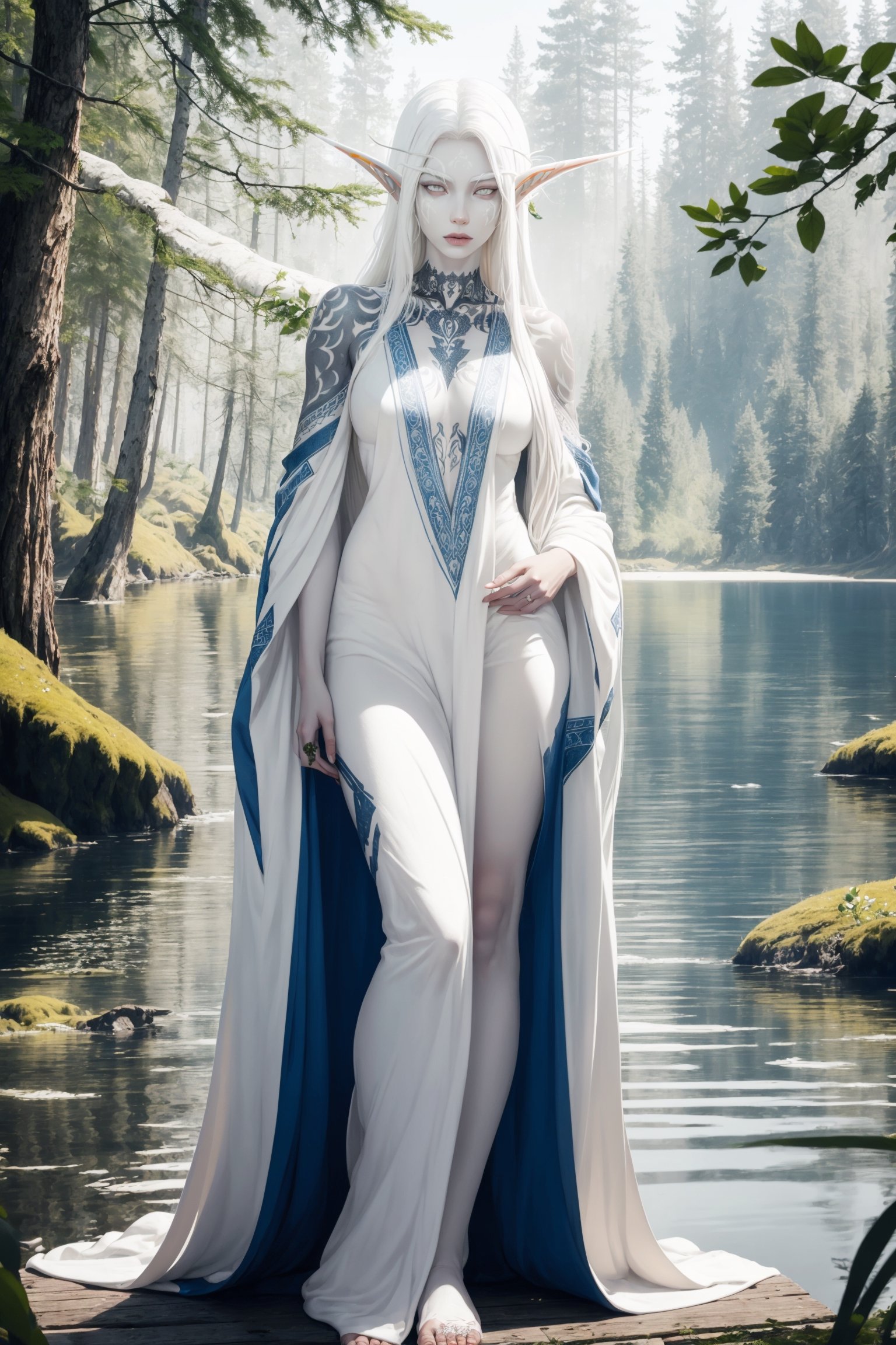 nightelf, full body, (((extreme white albino skin color))), ((extrem long white hair color)), (grey Eyes), (Beautiful blue robe) Facial Tattoo, she stands in front of a lake surrounded by a forest, on her left hand sits a butterfly