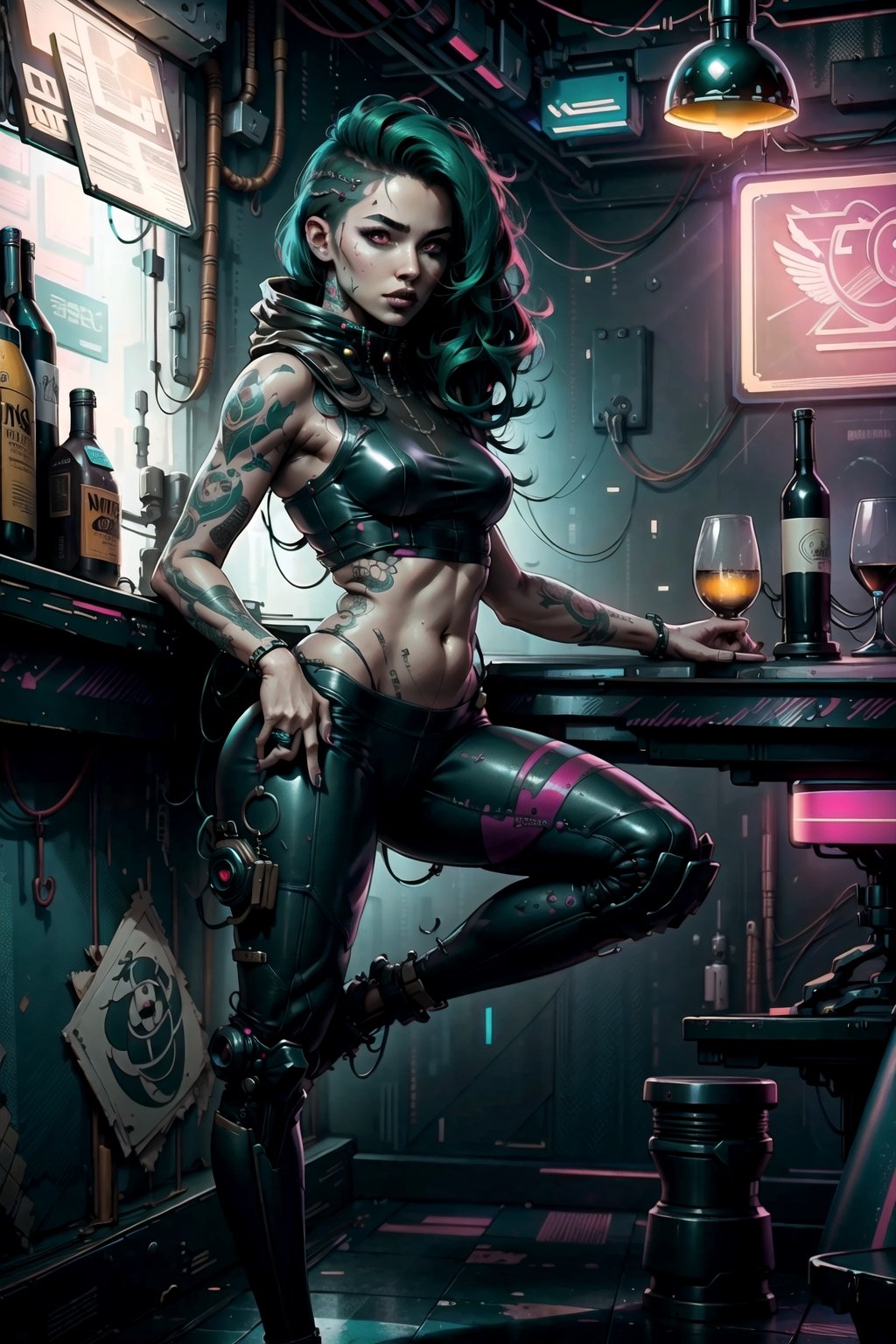 Cyberpunk Style, full body, 1girl, skinny body, in a bar, Long Dark Green Hair, Red Eyes, tight Pants, Belly Free top, Body Tattoos