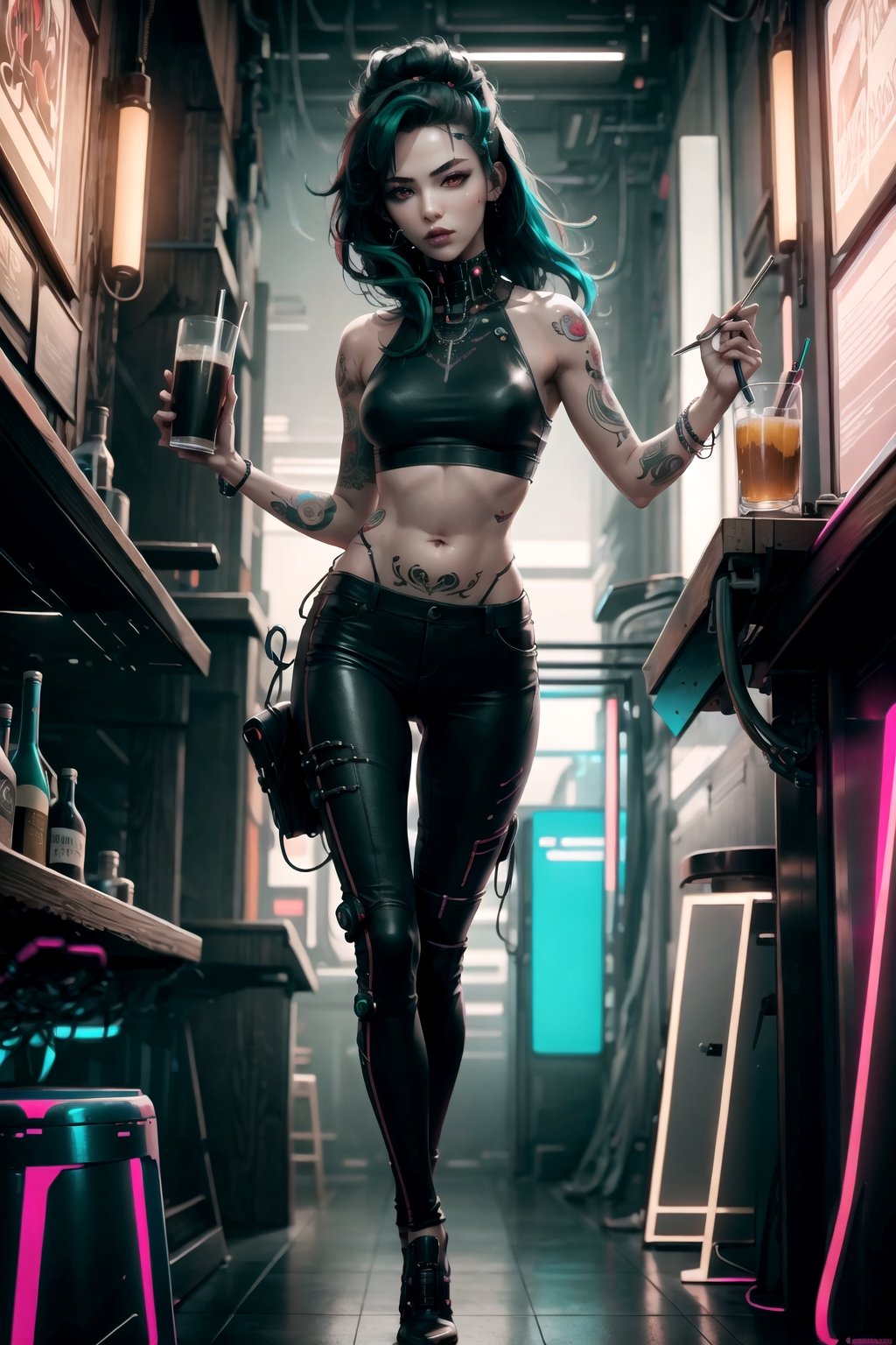 Cyberpunk Style, full body, 1girl, skinny body, in a bar, Long Dark Green Hair, Red Eyes, tight Pants, Belly Free top, Body Tattoos