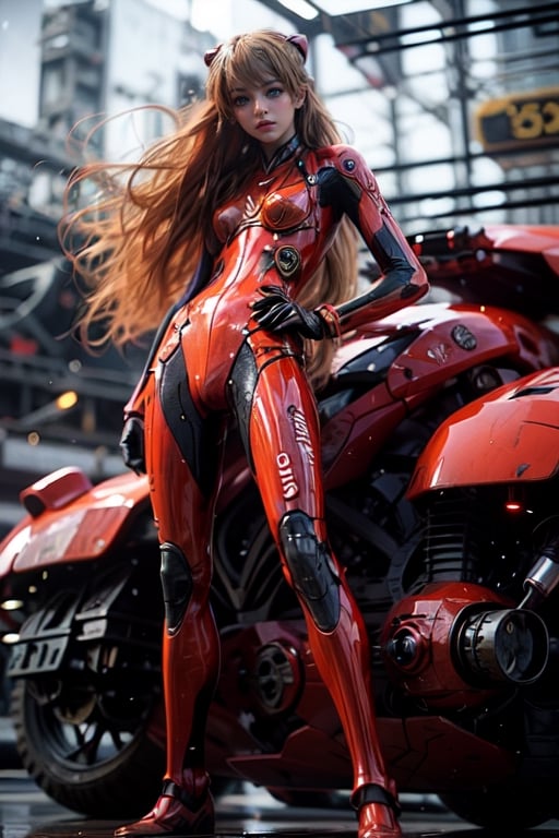 Epic CG masterpiece, Asuka Langley Soryu,hdr,dtm, full ha, charging forward battlefield, the burst meteor, the fierce battle of fighting with his life, 8K, ultra detailed graphic tension, dynamic poses, stunning colors, 3D rendering, surrealism, cinematic lighting effects, realism, 00 renderer, super realistic, full - body photos, super vista, super wide Angle, HD,Asuka Langley Soryu,Asuka Langley Soryu,Asuka Langley Soryu, black with red motorcycle in the background 