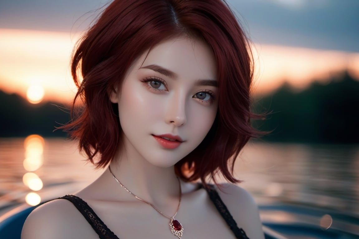 (xxmix girl woman), a woman with porcelain skin, ruby dark red hair, grey eyes, detailed eyes, dark background, light above it,rides in a boat on the lake,wide camera,short hair,a light seductive smile,dark night,creepy atmosphere,very little light,photo r3al,ruby necklace