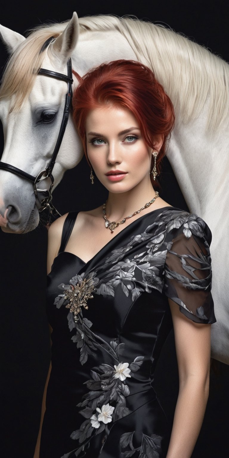Generate hyper realistic image of an elegant woman ,red_ ruby hair,gray eyes,perfect make up,a slight smile,shot from above,jewelry,black dress with floral motif,hold the white horse by the reins,black background,moon rays,