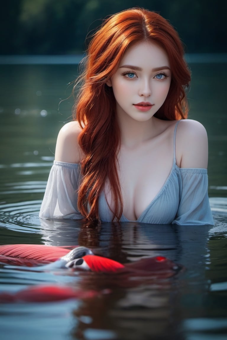 (xxmix girl woman), a woman with porcelain skin, ruby red hair, sapphire blue eyes, detailed eyes, dark background, light above it,swims in the lake,photo r3al