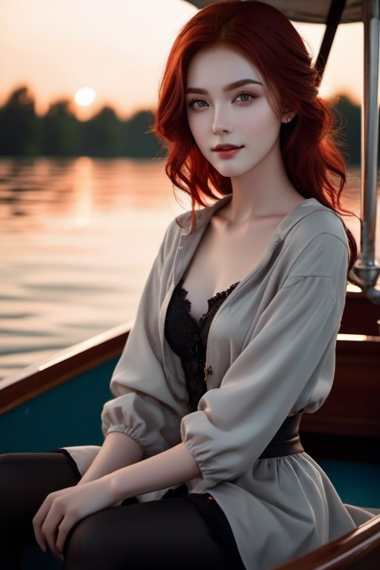 (xxmix girl woman), a woman with porcelain skin, ruby dark red hair, grey eyes, detailed eyes, dark background, light above it,rides in a boat on the lake,wide camera,short hair,a light seductive smile,dark night,creepy atmosphere,very little light,photo r3al