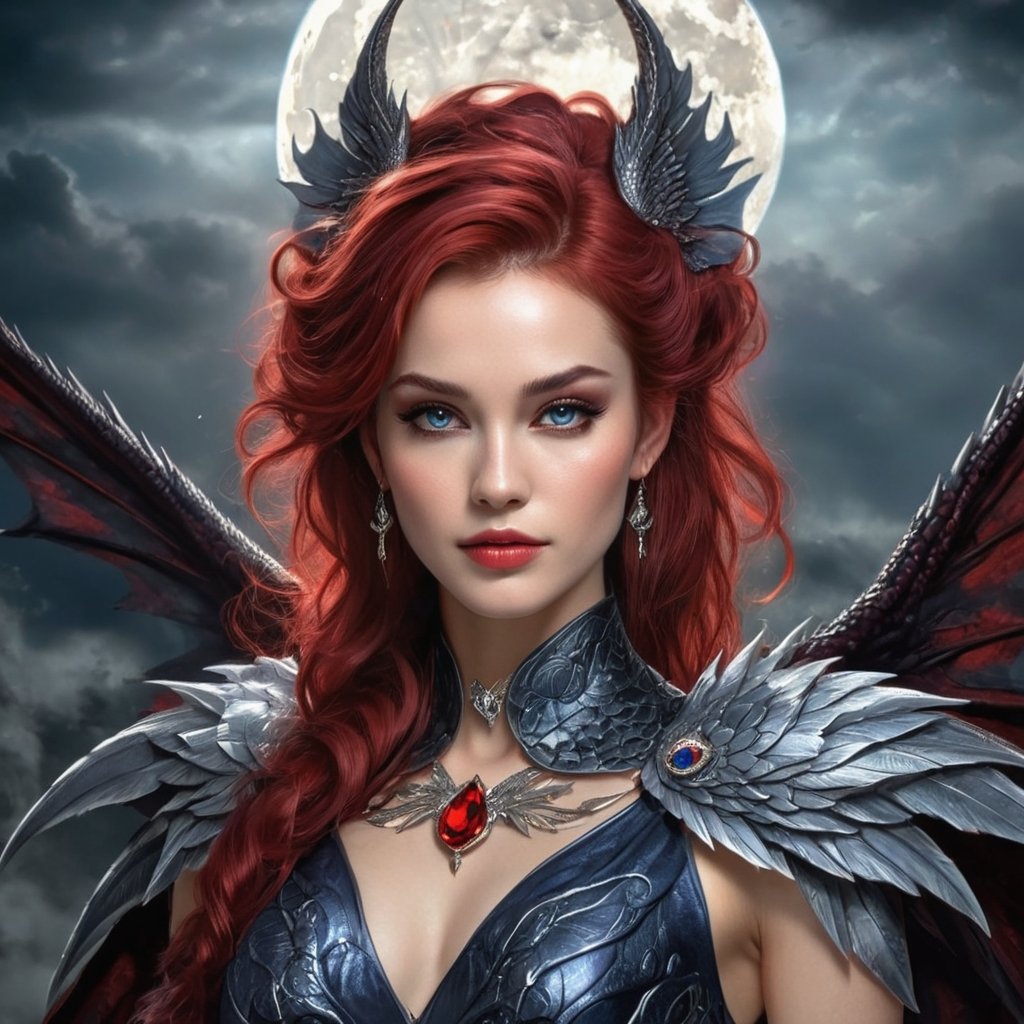 Generate hyper realistic image of an elegant woman ,red_ ruby hair,gray eyes,(((perfect make up))) ,a slight smile,jewelry, black forest background,moon rays,(((dark atmosphere))), (blue markings on the body),the appearance of a large dragon with spread wings and red eyes,