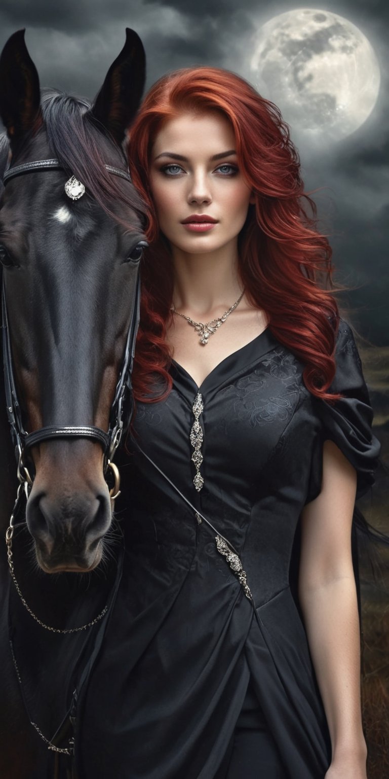 Generate hyper realistic image of an elegant woman ,red_ ruby hair,gray eyes,perfect  bleck make up,a slight smile,jewelry,black dress with red,hold the white horse by the reins,black forest background,moon rays,(((dark atmosphere))),