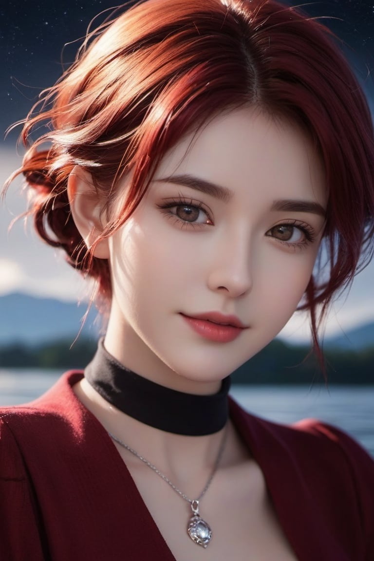 (xxmix girl woman), a woman with porcelain skin, ruby dark red hair, grey eyes, detailed eyes, dark background, light above it,rides in a boat on the lake,wide camera,short hair,a light seductive smile,dark night,creepy atmosphere,very little light,photo r3al,ruby necklace,(lightning in the sky),fate_stay_night,