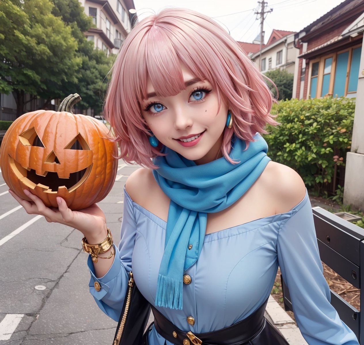 (masterpiece, top quality, best quality, official art, beautiful and aesthetic:1.2),(1girl:1.4) multicolored_eyes, pink hair,holding a pumpkin, ((masterpiece)), absurdres, happy, smile, ;D, yumemi riamu, blue hair, pink hair,cosplay of adventure girl costume, hot pink and blue hair, short hair, blue eyes, (wear light blue, brown, and ocrer:1.5), leather boots, leather gloves, bracelet, strapless, white blouse, light blue scarf, style genshin impact, , Instagrammable, cute features, cute pose, adorable girl, kawaii,riamu, (turquoise jewelry with gold details, gold details) ,ahoge,,AGGA_ST004 , (hair in the wind,, long scarf,:1.4),, ,solo, smiling, looking at viewer, (background a cemitery tematic for haloween:1.3),