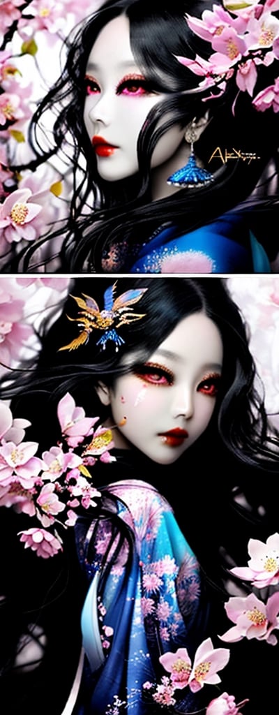 Imagine a beautiful hybrid face concubine with long black hair resembling steam in water walking near a blossoming cherrytree wearing an intricate floral kimono, work of beauty and complexity, hyperdetailed face, flowercore, awe-inspiring fantasy, 8k UHD, amber glow elements , alberto seveso style ,arcane style