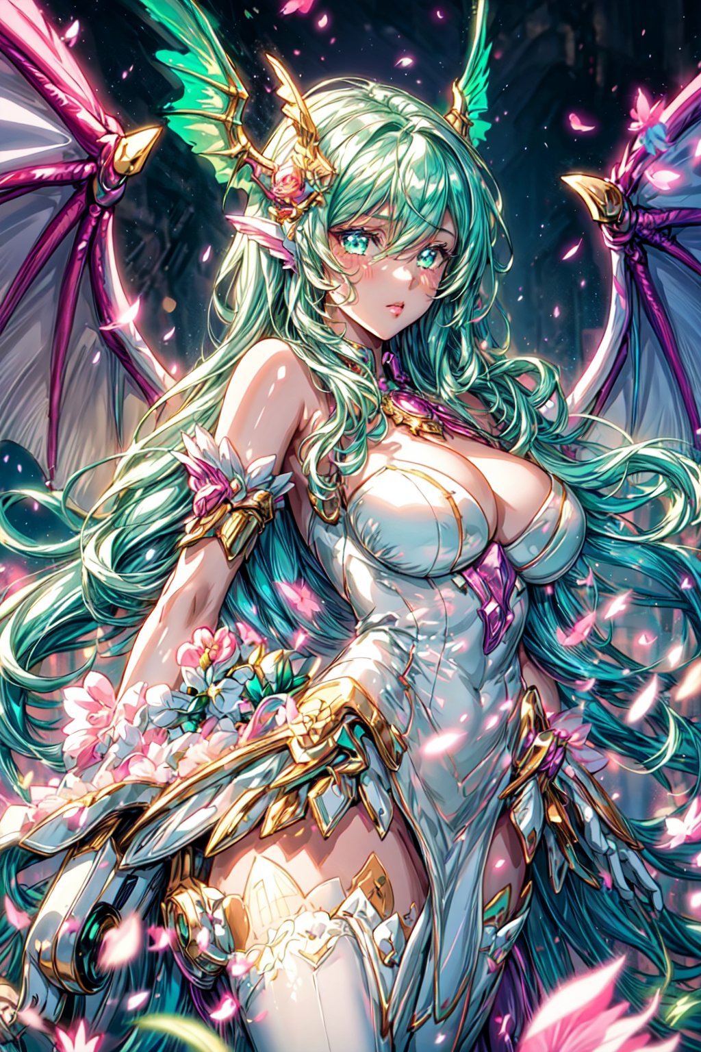 masterpiece, 1 girl, Extremely beautiful woman standing in a lake with very large glowing dragon wings, glowing hair, long cascading hair, neon mint green hair, mint green and white dress, twilight, lots of tiny fairies flying around, full lips, hyperdetailed face, detailed eyes, dynamic pose, cinematic lighting, pastel colors, perfect hands, dragon girl, girl with dragon wings, dark fantasy