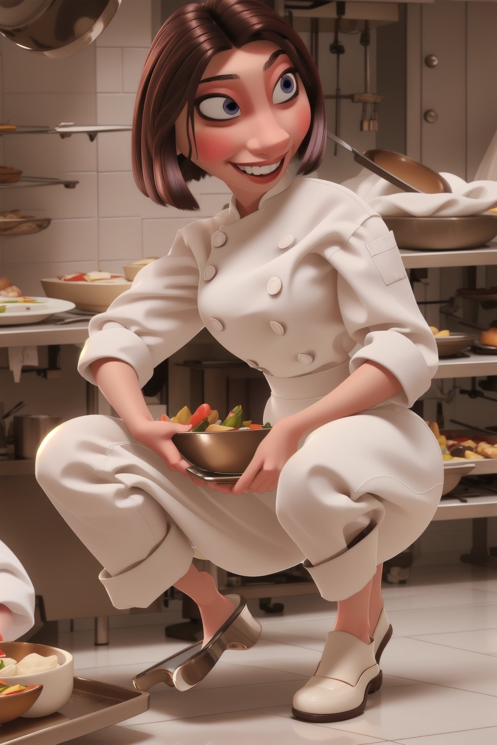 ratatouille, Colette, colettetatou, detailed eyes, brown hair, smiling, (white chef's uniform), open shirt, holding tray, large breasts, breasts out, squatting naked