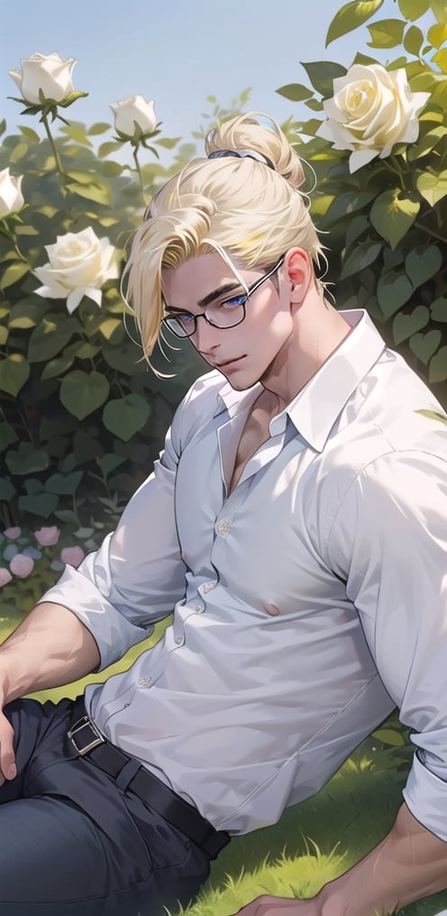 young man, hair up, very light and dull yellow hair, wears glasses, light blue eyes, handsome, abs, white shirt, relaxed look, relaxed expression, big muscles, in a garden caressing white roses, man of incredible beauty, extremely handsome, very beautiful