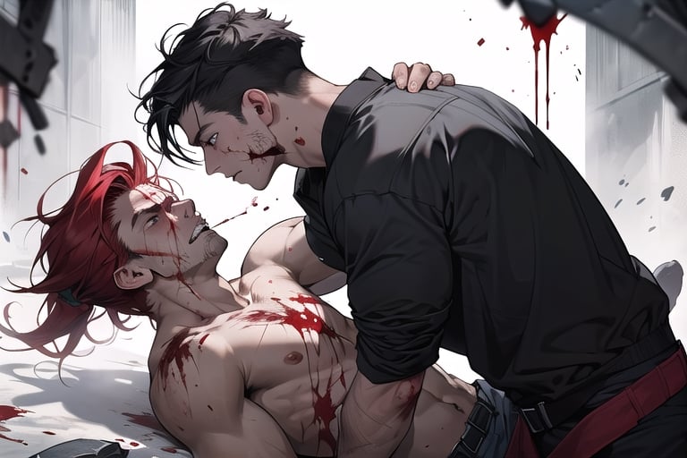 beautiful, two men, long red hair, short black hair, two boys fighting to the death, wounded, bleeding, blood, wounds, deadly fight