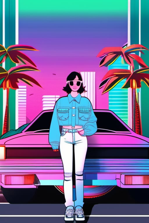 1girl, aesthetic, vaporwave, building, car, city, collared shirt, denim, earrings, ground vehicle, jacket, jeans, jewelry, midriff, motor vehicle, navel, outdoors, palm tree, pants, road, shirt, short hair, solo, standing, sunglasses, tree, vehicle focus 

