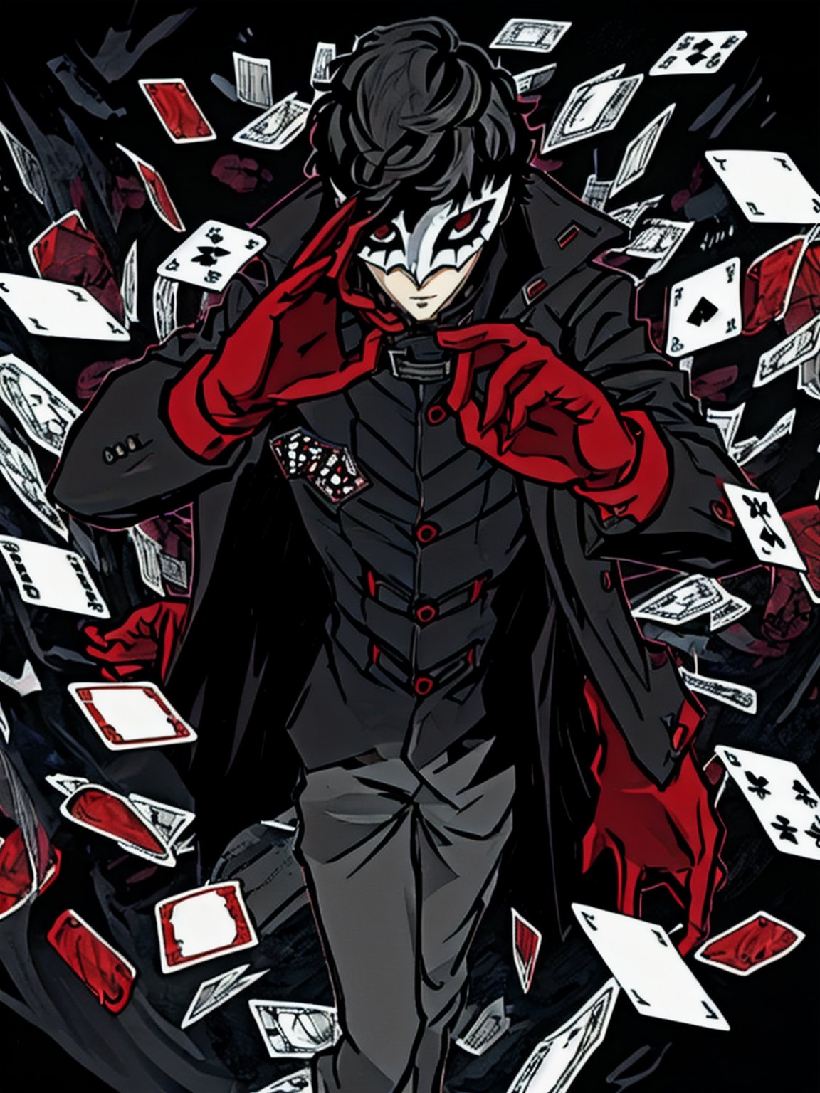 masterpiece, best quality, 1boy, solo, male focus, dsjoker, black hair, short hair, red eyes, mask, high collar, black coat, grey shirt, long sleeves, pants, red gloves, cell shading, flat tones, persona 5 joker holding playing cards, dramatic scene, mementos