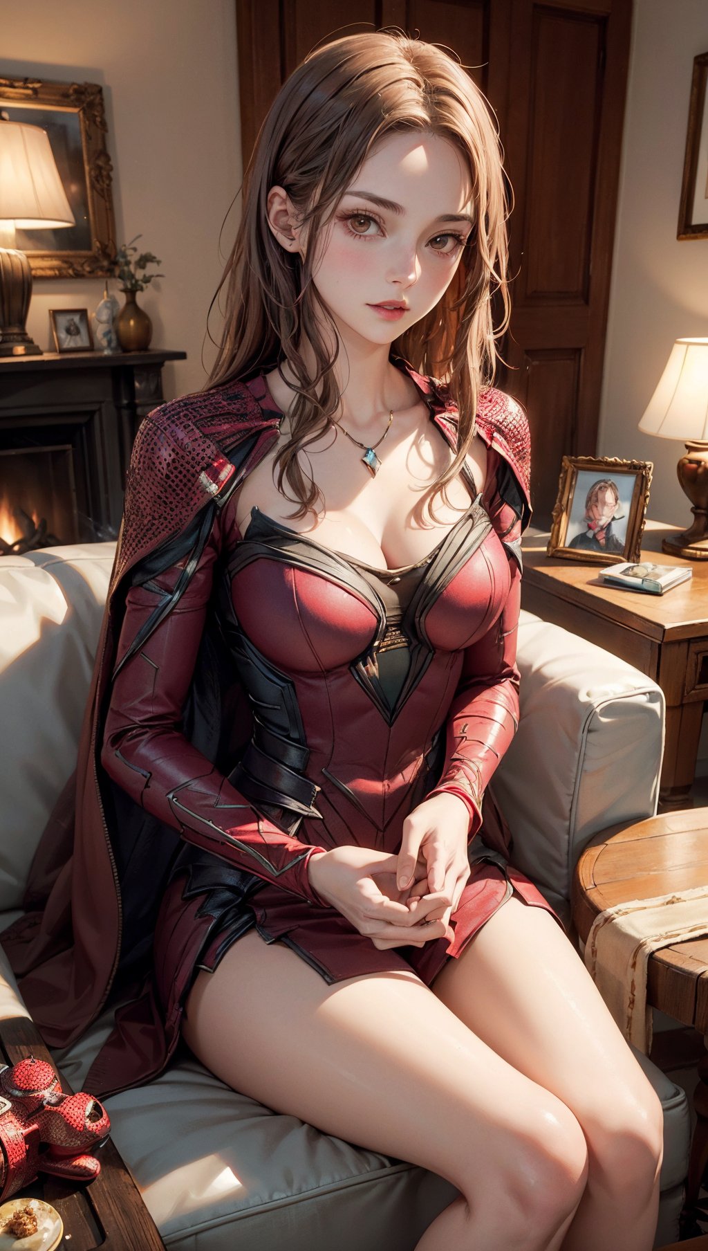 Subject: A photorealistic portrayal of Scarlet Witch as a caring and attentive babysitter, engaging with a group of children in a cozy and inviting living room.

Type of Image: Photorealistic digital illustration.

Art Styles: Realism and heartwarming family photography.

Art Inspirations: High-quality portrait photography of families and children, candid and genuine moments, and Scarlet Witch's nurturing side.

Environment: Indoor, in a warm and comfortable living room filled with toys and playful decor, creating a welcoming atmosphere.

Camera Shot Type: Candid shot.

Camera Lens: 70mm short telephoto lens.

View: Front view capturing Scarlet Witch's warm smile as she interacts with the children.

Render Style: Highly detailed and hyper-realistic, capturing the textures of Scarlet Witch's costume, the expressions of the children, and the cozy ambiance.

Lighting: Soft and natural light, creating a warm and inviting glow in the living room.

Color Type: A mix of warm and comforting colors, enhancing the cozy and family-oriented feel of the scene.

Related Information: 8K resolution, ensuring every detail, from Scarlet Witch's caring expression to the children's playful interactions, is exquisitely displayed, perfect for large prints or high-resolution displays.
