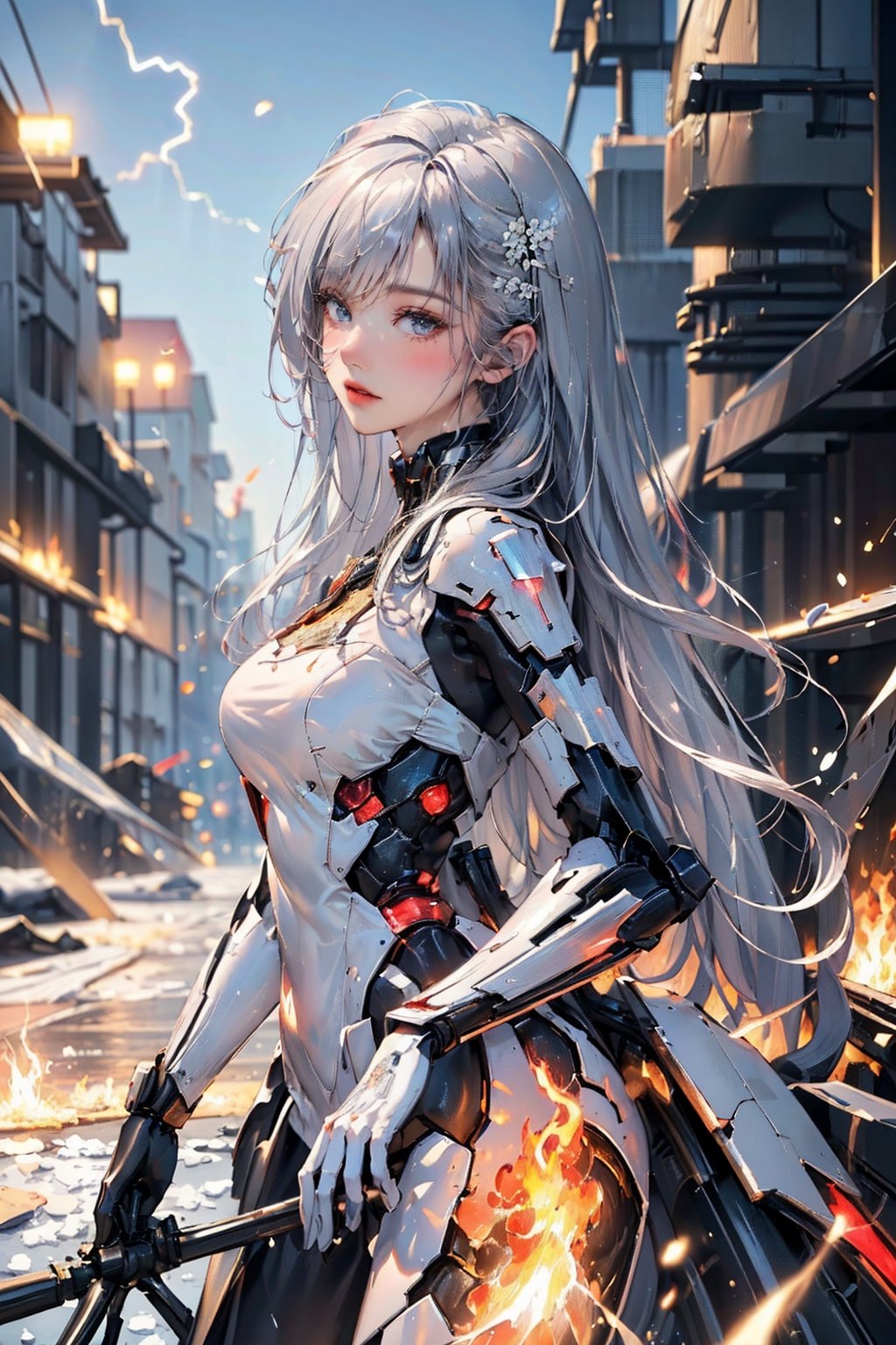 (masterpiece, top quality, best quality, official art, beautiful and aesthetic:1.2), (1girl:1.2), cute, extreme detailed,(abstract:1.4, fractal art:1.3),(silver_hair:1.1), fate \(series\), colorful,highest detailed, fire, ice, lightning, (splash_art:1.2),  scenery, mecha, AI_Misaki , futureaodai