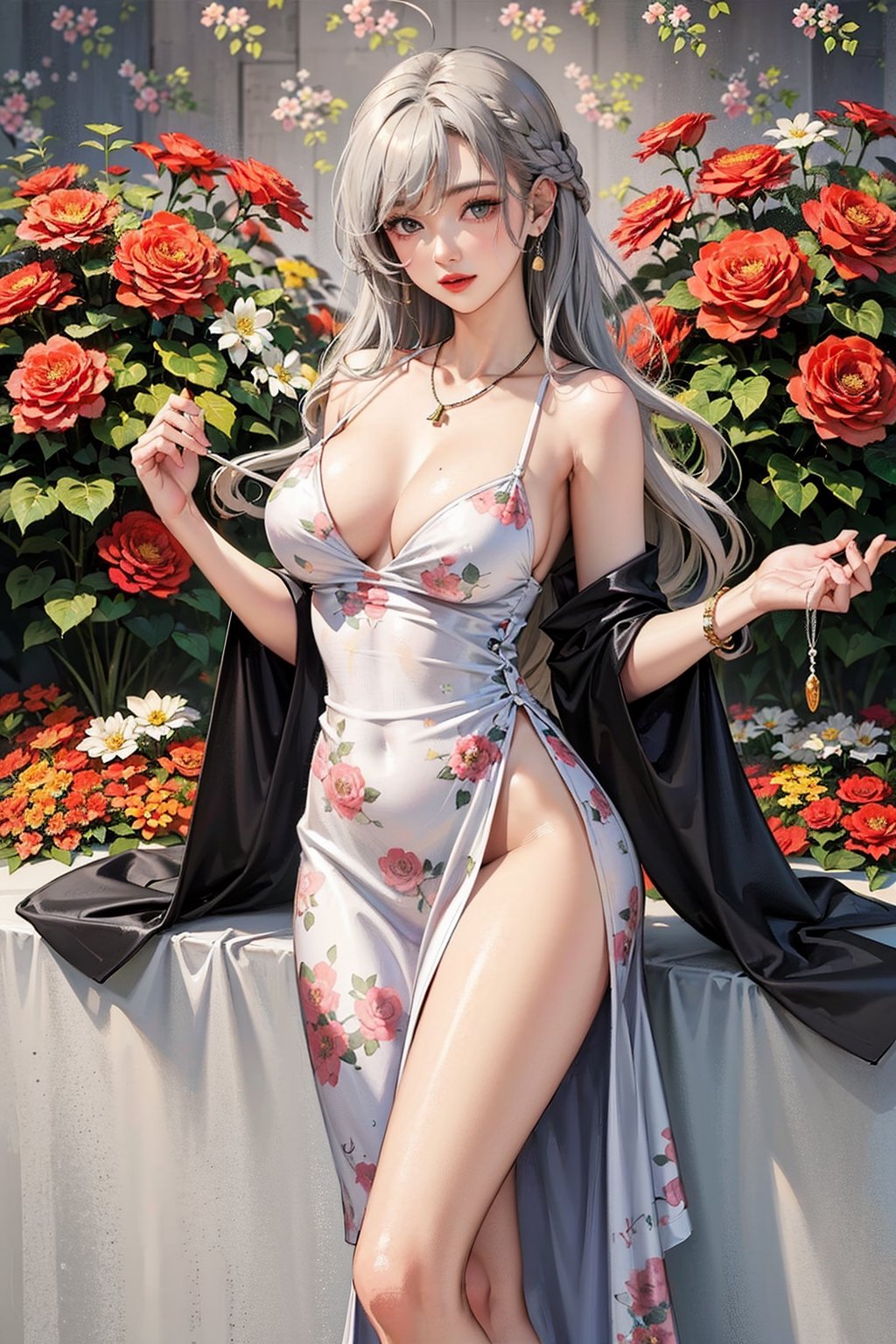 (AI_Misaki), official art, unity 8k wallpaper, ultra detailed, beautiful and aesthetic, masterpiece, best quality, (flower background:1.3), (long hair:1.5), 
(light grey hair:), (ahoge:1.13), large breasts, narrow waist, shiny skin, earrings, (long flowing hair:), sexy, iridescent eyes, (autumn day), lady, necklace, eardrop, (satin slip dress with floral print), ,AI_Misaki 