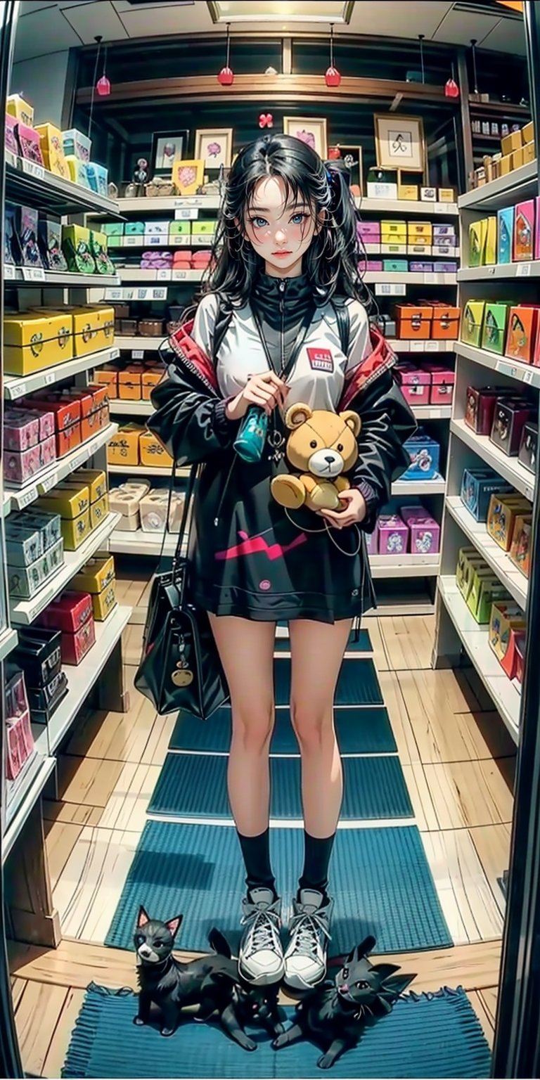 (masterpiece, best quality), (colorful:1.4), from above, solo, 1girl standing in a store with lots of stuffed animals on the shelves and a bag of stuff, depth of field, fisheye lens,AI_Misaki ,futureaodai