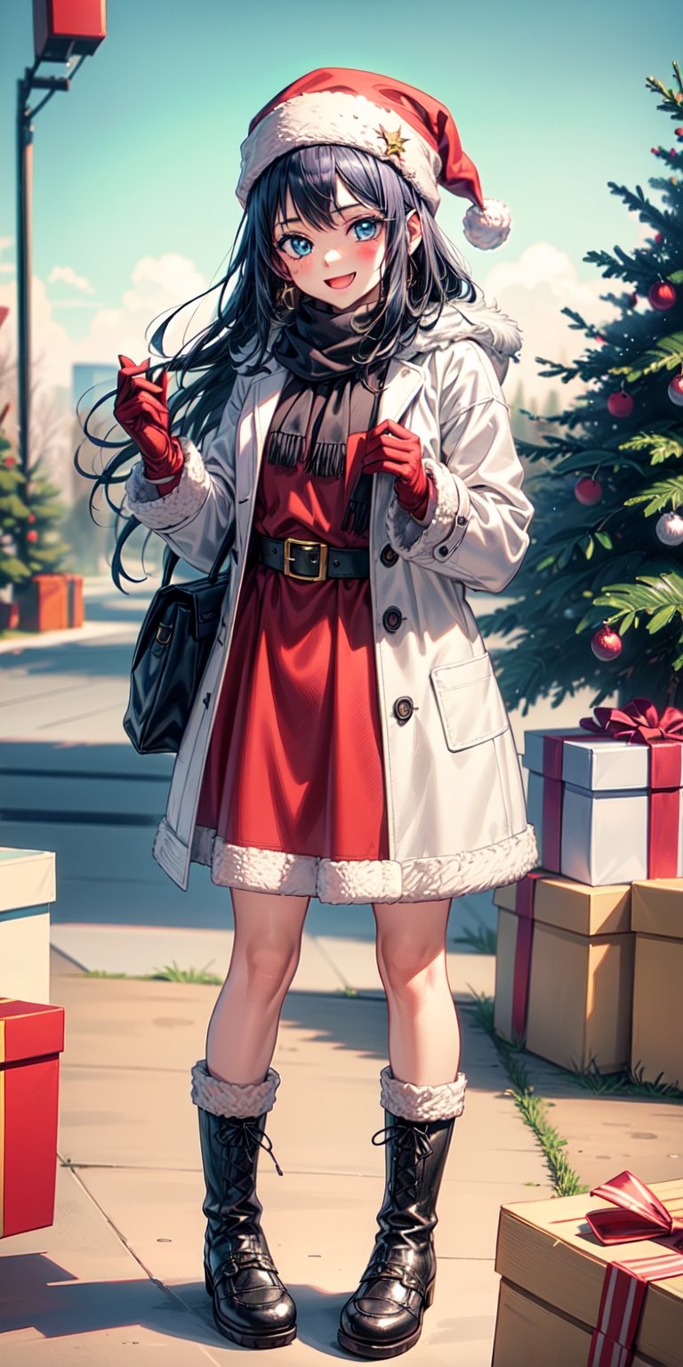 christmas, santa_hat, santa_costume, 1girl, hat, holding_sack, sack, fur-trimmed_headwear, fur_trim, solo, red_headwear, smile, christmas_ornaments, merry_christmas, bell, open_mouth, long_hair, boots, holly, christmas_tree, santa_gloves, red_coat, gloves, looking_at_viewer, blush, coat, red_gloves, box, gift, scarf, bag, red_dress, sweater, long_sleeves, hair_ornament,Cute girl,asirpa,1girl