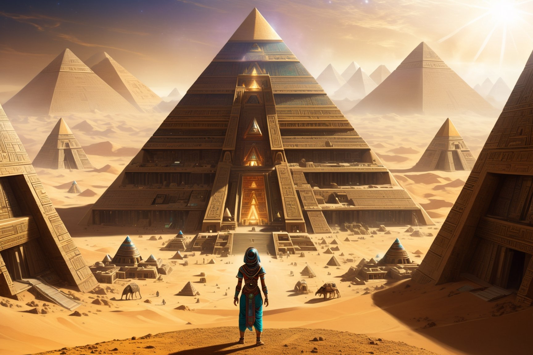 (best quality:1.33), (masterpiece:1.42), (realistic:1.24), (detailed:1.15), (high_res),there is a woman standing in front of a pyramid with a pyramid in the background, ancient megastructure pyramid, pyramid portal, giant aztec spaceship, giant aztec space city, interplanetary cathedral, exterior of scifi temple, dmt temple, galactic temple, dome of wonders, in a futuristic desert palace, futuristic persian palace, cosmic architecture, ancient yet futuristic