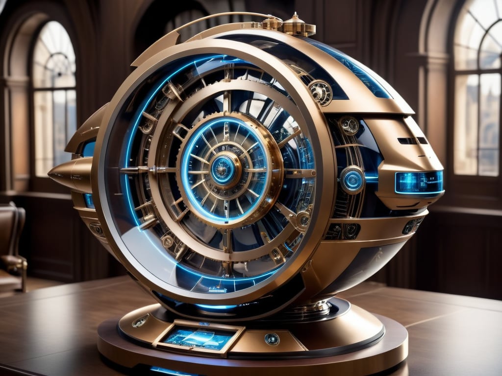 ((Best quality)), ((masterpiece)), (highly detailed:1.3), there is a time travel futuristic machine to travel in time to the past or future the machine is elegant in the style of Leonardo DA Vinchi, By Ray Shark

