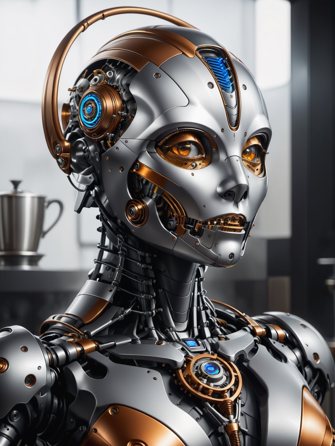 best qualtiy,8k,A high resolution,hyper-detailing,((1 robot butler)),（Robot, head made of titanium alloy machinery, body made of vibranium steaming cup of coffee on a tray in a futuristic cyberpunk kitchen,an ultrafine painting,tack sharp focus,physically-based renderingt,Extremely detailed description,professional,Bright ,Steampunk,Color syberpunk,sci fi,  Art,  art by Ray Shark,
