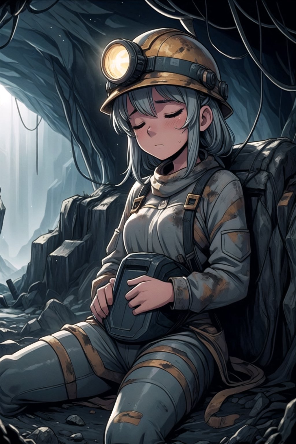 girl, miner, cave, helmet, seated, asleep, dimly lit, mining equipment, rugged terrain, worn-out clothing, exhaustion, peaceful expression, dreamlike atmosphere, solitary, quietude, underground ambiance.,MiNr,