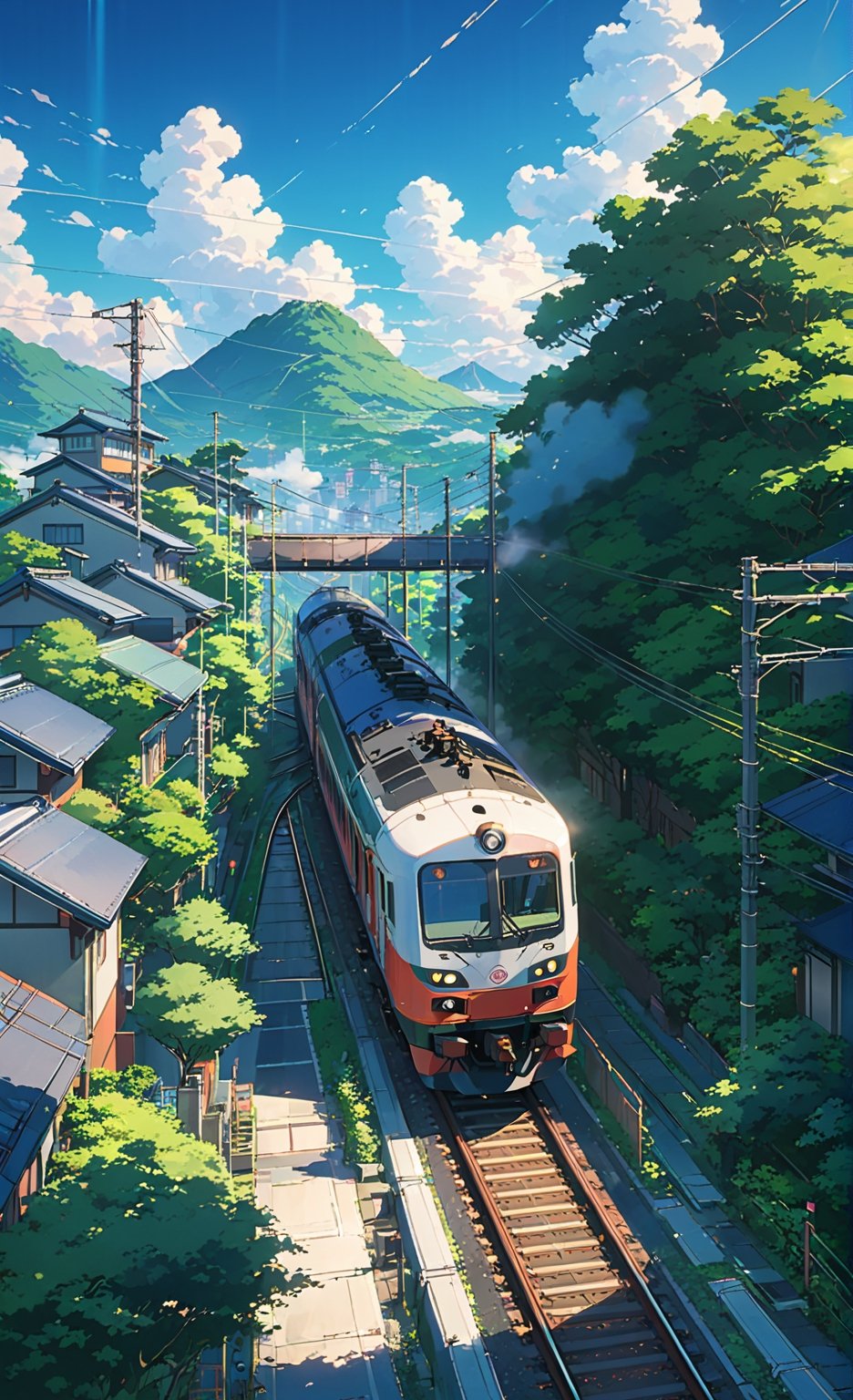 Masterpiece, anime train on track through a residential area of the town, Makoto Shinkai style picture, pixiv, concept art, lofi art style, reflection. lofi art, beautiful anime scenes, anime scenery, detailed scenery, details enhanced.