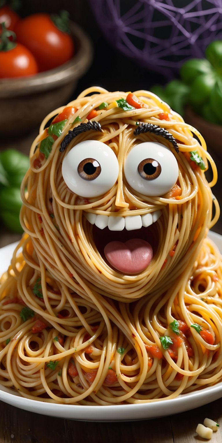 Create an amusing character tangled in a web of spaghetti, using their fork as a makeshift sword,terrified, frightenedsmiling