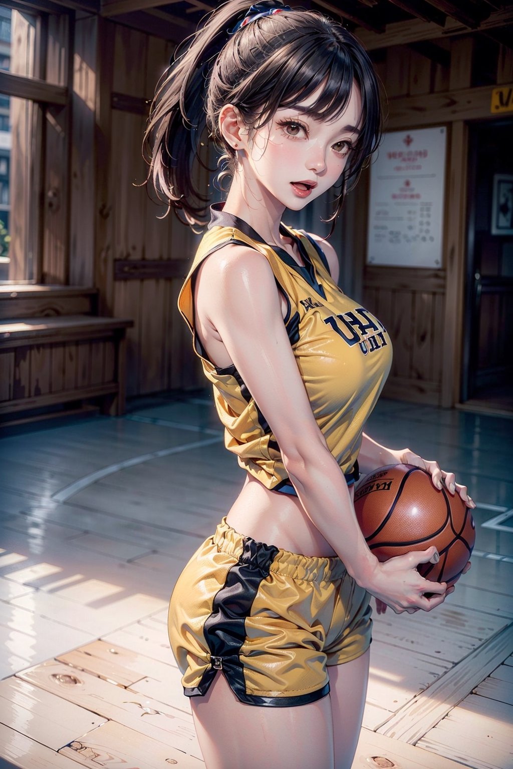 (((1ponytail hair girl:1.3, solo))), (a extremely pretty and beautiful milf:1.3), (22 years old: 1.1), (pointing at you:1.3), (stylish basketball posing:1.3), (open stance:1.3), (dribbling:1.3),  at basketball arena, 
break, 
(up-ponytail:1.3), (shiny-black thin hair:1.2), bangs, dark brown eyes, beautiful eyes, princess eyes, bangs, Hair between eyes, short hair:1.3, slender, (gigantic breasts:1.3, sagging breasts:1.3, disproportionate breasts;1.3), (thin waist: 1.3), (detailed beautiful girl: 1.4), Parted lips, Red lips, full-make-up face, (shiny skin), ((Perfect Female Body)), (upper body Image:1.3), Perfect Anatomy, Perfect Proportions, (most beautiful Asian actress face:1.3, extremely cute and beautiful Korean idol face:1.3), (seductive emotion:1.3), (blowjob face:1.3, open mouth:1.3), (4fingers and thumb:1.3), (perfect ratio human hands:1.3), 
BREAK, 
(wearing a yellow basketball unifrom:1.3), (sports shorts:1.3), (basketball shoes:1.3), detailed clothes, 
BREAK, 
a basketball arema, basketball, baseketball goal, audience, player, coach, 
BREAK, 
(Realistic, Photorealistic: 1.37), (Masterpiece, Best Quality: 1.2), (Ultra High Resolution: 1.2), (RAW Photo: 1.2), (Sharp Focus: 1.3), (Face Focus: 1.2), (Ultra Detailed CG Unified 8k Wallpaper: 1.2), (Beautiful Skin: 1.2), (pale Skin:1.3), (Hyper Sharp Focus: 1.5), (Ultra Sharp Focus: 1.5), (Beautiful pretty face: 1.3), (super detailed background, detail background: 1.3), Ultra Realistic Photo, Hyper Sharp Image, Hyper Detail Image, ,Indoor Grey