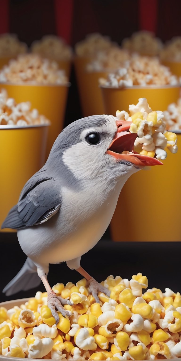 A Bird Eating Pop corns Enjoying Movie in cinema, Curious, Perfect scene, Perfection art.