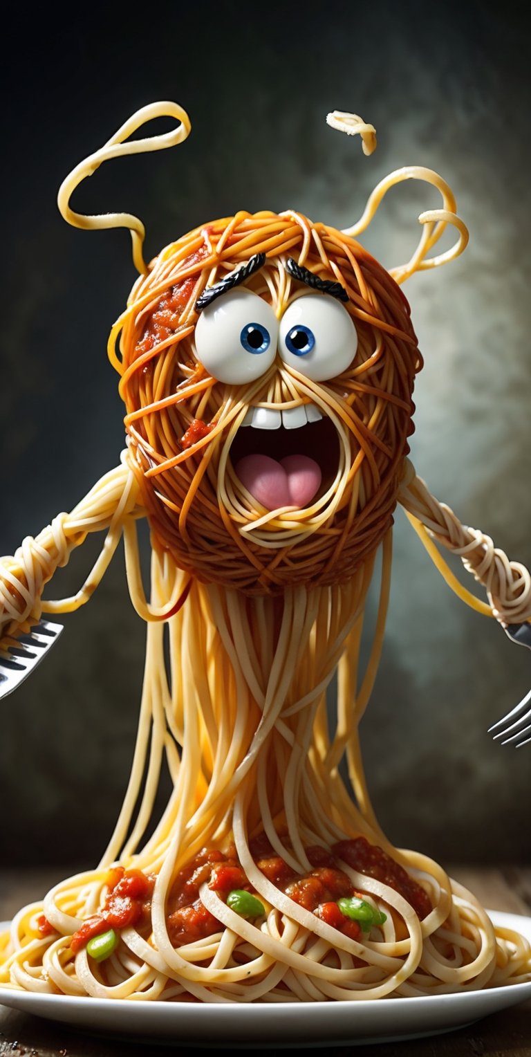 Create Angry character tangled in a web of spaghetti, using their fork as a makeshift sword.