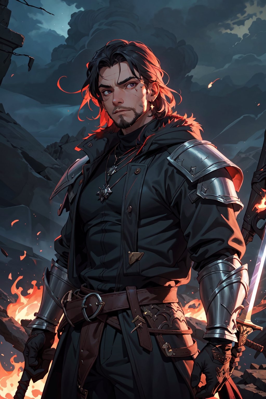 real,princess, crown, atmospheric scene,  masterpiece,  best quality,  (detailed face,  detail skin texture,  ultra-detailed body),  (cinematic light:1.1), r0seb7rne-smf |
((1boy)), long black hair, (small thick eye red), old but armor , clothes of the character Gerald de Ridea, metal necklace of a wolf, body thin but masculine, warrior facial expression, apocalyptic fantasy landscape, science fiction, cinematic blur, dynamic lights.,witcher, (iris of the black eyes) red eyes, real,king, crown, muscular_body, muscular, beard, sword in hand, fire, battlefield, broken armor, dark sky, purple clouds, black feather coat, large coat, night watch coat, 