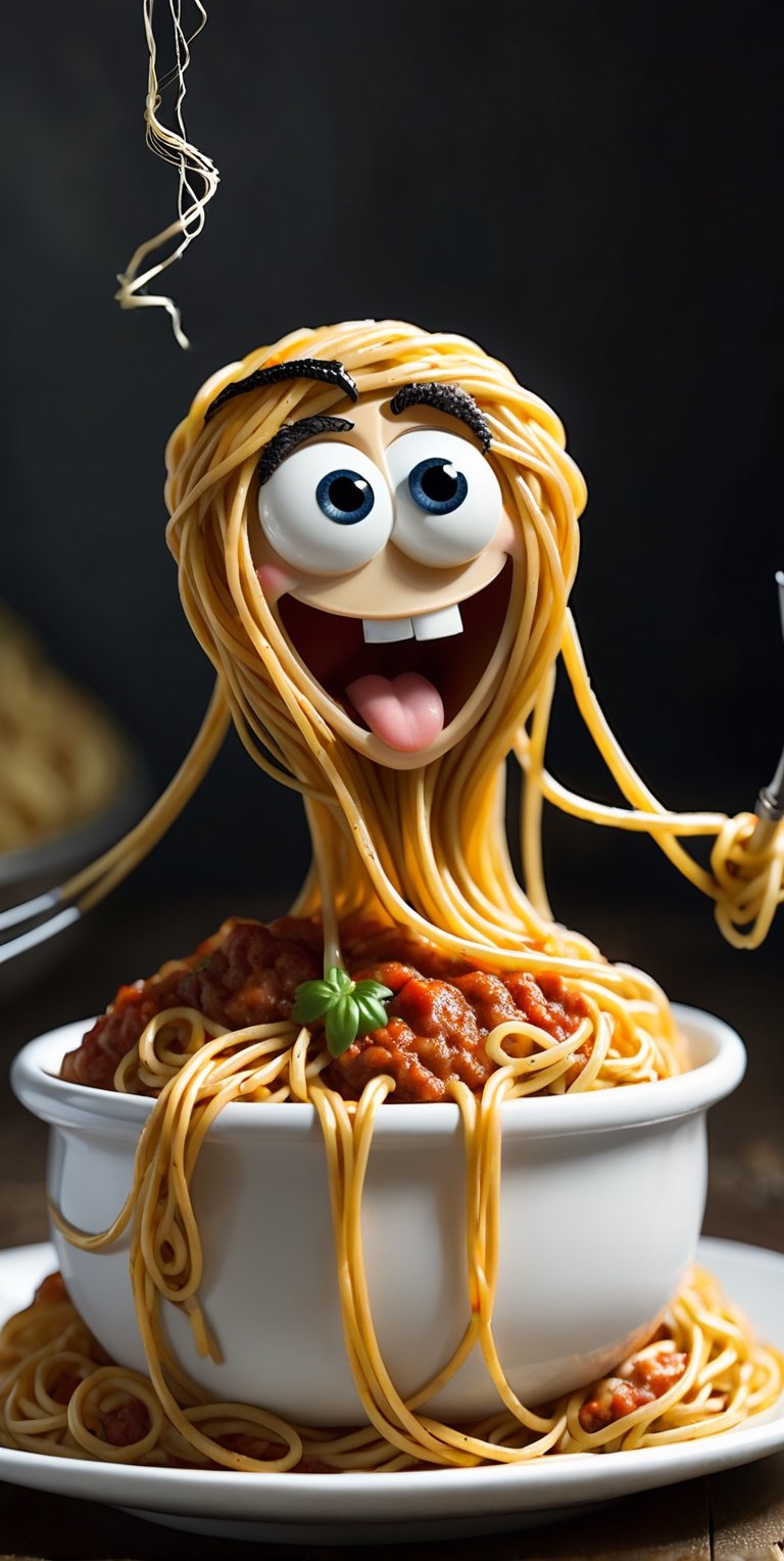 Create an lack of anthusiasm character tangled in a web of spaghetti, using their fork as a makeshift sword.