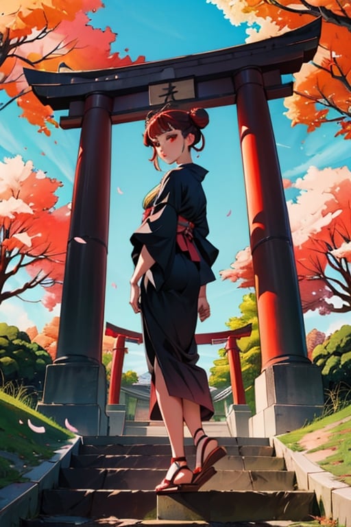 ((masterpiece,best quality)),2girls, black kimono, black legwear, black ribbon, black hair, cherry blossoms, day, flower, hair bun, hair ribbon, japanese clothes, kimono, long hair, looking at viewer, looking back, multiple girls, obi, outdoors, red eyes, red hair, ribbon, sandals, single hair bun, stairs, standing, statue, torii, tree, white kimono, yellow eyes