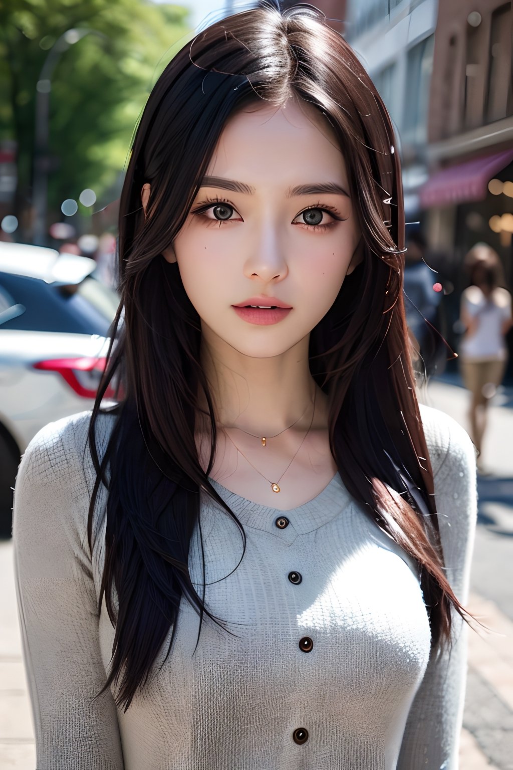 Young woman 25 years old: 1.3, Long black hair: 1.2, Casual wear: 1.2, Daytime: 1.2, On the street: 1.2, Film lighting, Surrealism, UHD, ccurate, Super detail, textured skin, High detail, Best quality, 8k,full_body, beautiful_eyes , beautiful face