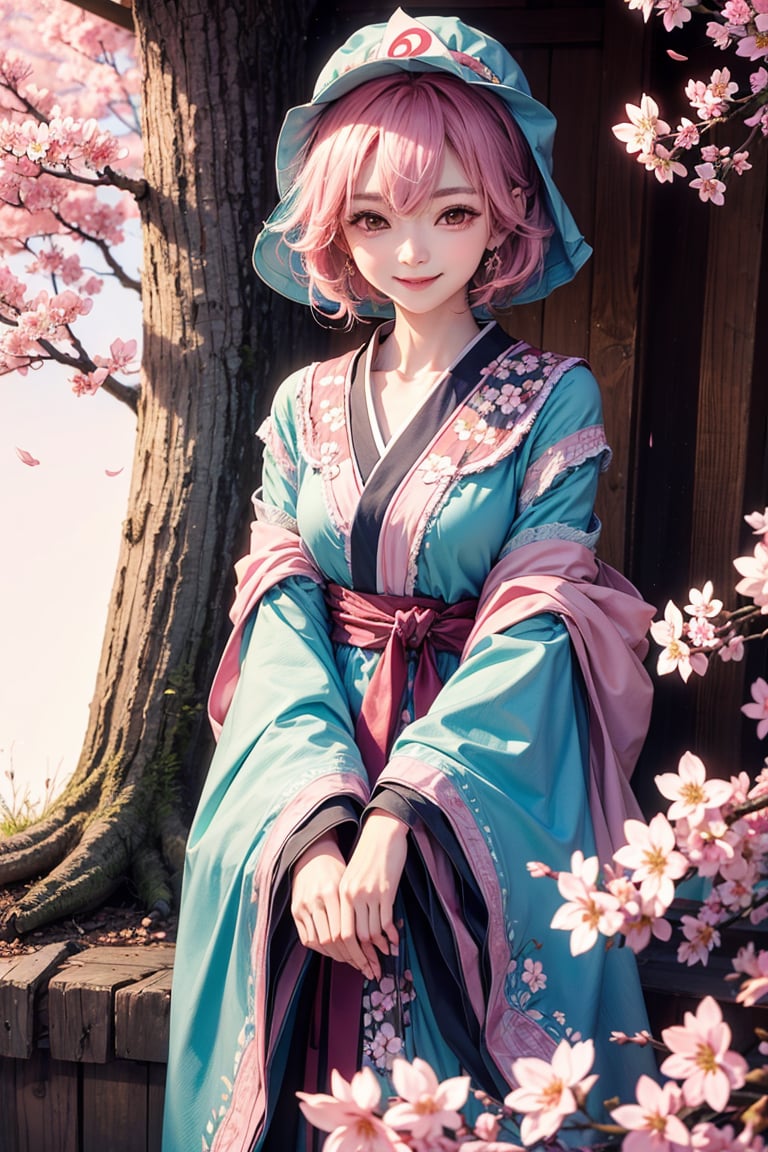 Yuyuko Saigyouji , smile, tree, cherry blossoms, morning vibe, 8K, (warm lighting), high quality