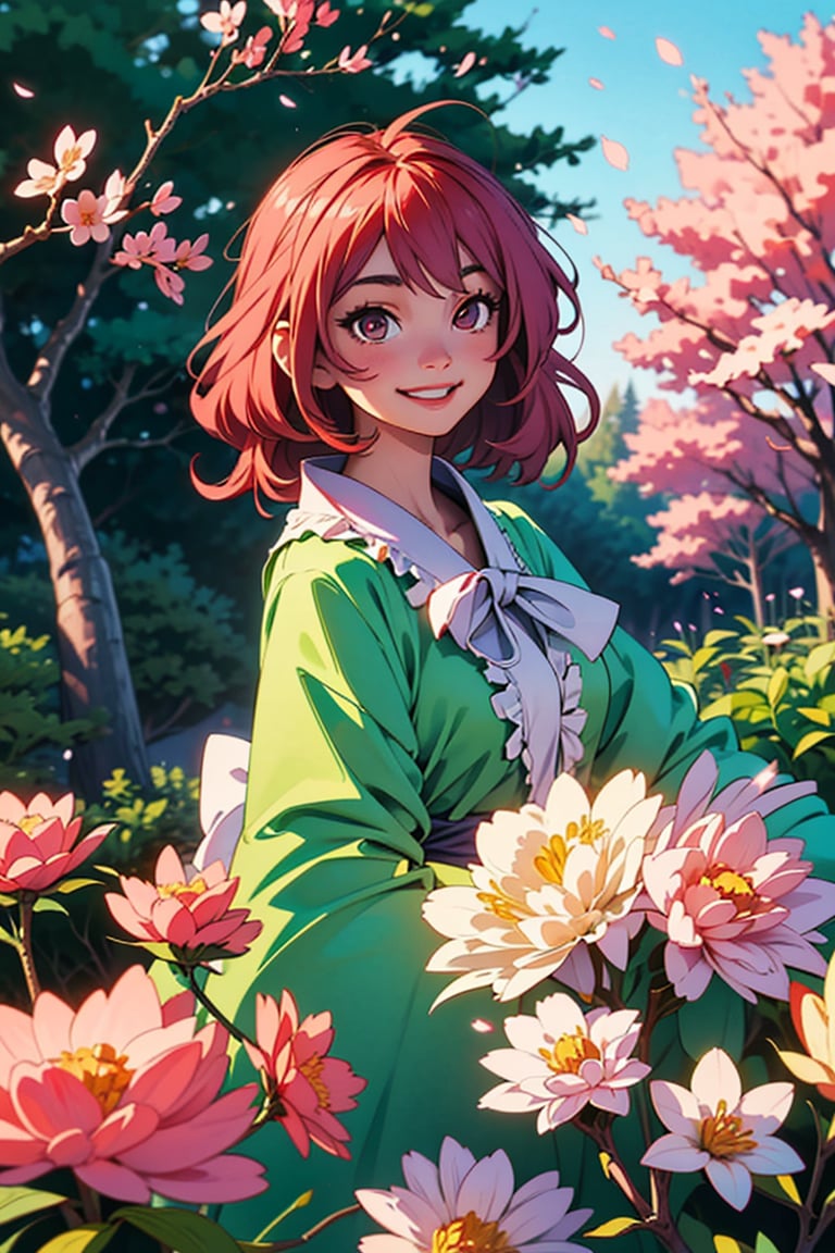 Yuyuko Saigyouji , smile, tree, cherry blossoms, morning vibe, 8K, (warm lighting), high quality