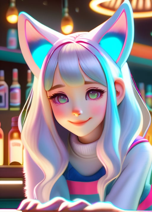 Sleeveless sweater, ,pastel color, kawaii, cute colors ,scifi, pink 1girl ,long hair, pale skin,white hair, glowing eyes, smile, almond eyes, cat ears, pastel colors, kawaii, cute colors, full body portait,  dynamic cat pose, (masterpiece, best quality:1.4), (realistic, photorealistic:1.2), 4k, (ultra realistic), high definition, high detail, ultra detailed, finely detailed texture, high quality shadow, (high resolution), detailed background, depth of field, beautiful face, a face of perfect proportion, hyper detailed painting, luminism, bar lighting, incredibly hyper-detailed and intricately realistic,