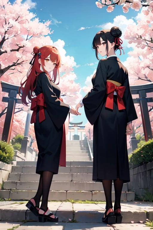 ((masterpiece,best quality)),2girls, black kimono, black legwear, black ribbon, black hair, cherry blossoms, day, flower, hair bun, hair ribbon, japanese clothes, kimono, long hair, looking at viewer, looking back, multiple girls, obi, outdoors, red eyes, red hair, ribbon, sandals, single hair bun, stairs, standing, statue, torii, tree, white kimono, yellow eyes