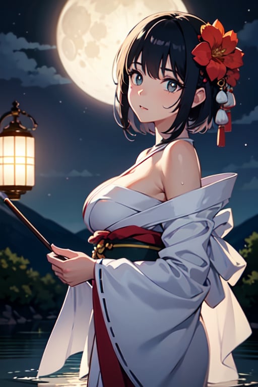 1girl, breasts, moon, lantern, night, solo, large breasts, hair ornament, wet, kimono, japanese clothes, wading, water, hair flower, flower, outdoors, sky, full moon, rain, black hair, off shoulder, mountain, cloud, holding, sash, bare shoulders, paper lantern, standing, white kimono, night sky, sideboob, obi, wet clothes, bangs, tree, from side, reflection, short hair, cloudy sky, wet hair (((masterpiece),(extremely detailed CG unity 8k wallpaper),best quality,,solo,1girl,cinematic lighting,detailed background,beautiful detailed eyes,bright pupils, (an extremely delicate and beautiful),(Beautiful and detailed eye description), ultra-detailed,masterpiece,)),