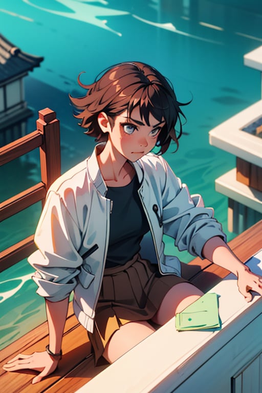 Young woman of 20 with black hair, white jacket, brown skirt, chewing with wooden toothpick, delicious-looking brownish-purple water jelly on desk, at teahouse in front of Ojima red bridge in Fukui, Japan, dinosaurs on sea surface, in the style of Makoto Shinkai. Diagonal view from above