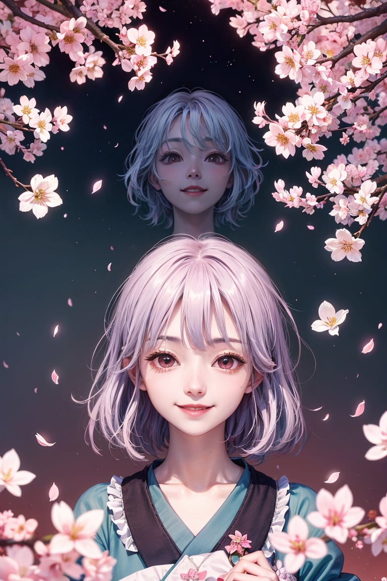 Yuyuko Saigyouji , smile, tree, cherry blossoms, morning vibe, 8K, (warm lighting), high quality