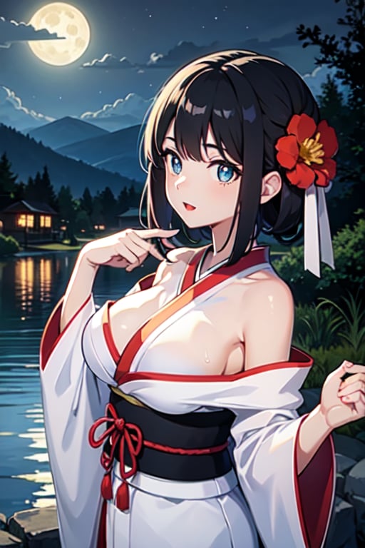 1girl, breasts, moon, lantern, night, solo, large breasts, hair ornament, wet, kimono, japanese clothes, wading, water, hair flower, flower, outdoors, sky, full moon, rain, black hair, off shoulder, mountain, cloud, holding, sash, bare shoulders, paper lantern, standing, white kimono, night sky, sideboob, obi, wet clothes, bangs, tree, from side, reflection, short hair, cloudy sky, wet hair (((masterpiece),(extremely detailed CG unity 8k wallpaper),best quality,,solo,1girl,cinematic lighting,detailed background,beautiful detailed eyes,bright pupils, (an extremely delicate and beautiful),(Beautiful and detailed eye description), ultra-detailed,masterpiece,)),