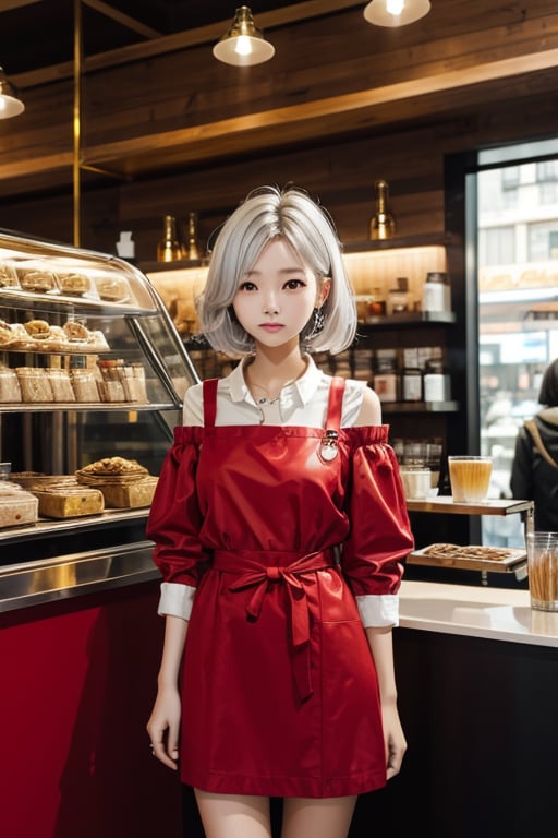 Silver and gold Hair colour mix, red_clothes, standing in front cafe shop.
