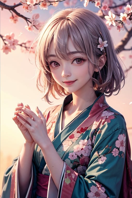 Yuyuko Saigyouji , smile, tree, cherry blossoms, morning vibe, 8K, (warm lighting), high quality , beautiful hands